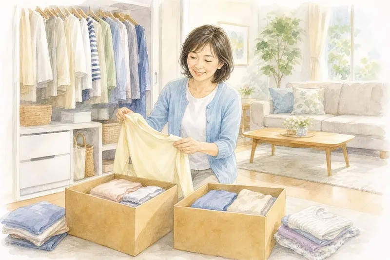 50代の女性がクローゼットの衣類を整理している様子