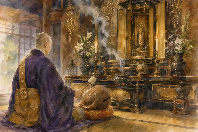 僧侶が仏壇の前で閉眼供養（魂抜き）の読経を行っている様子