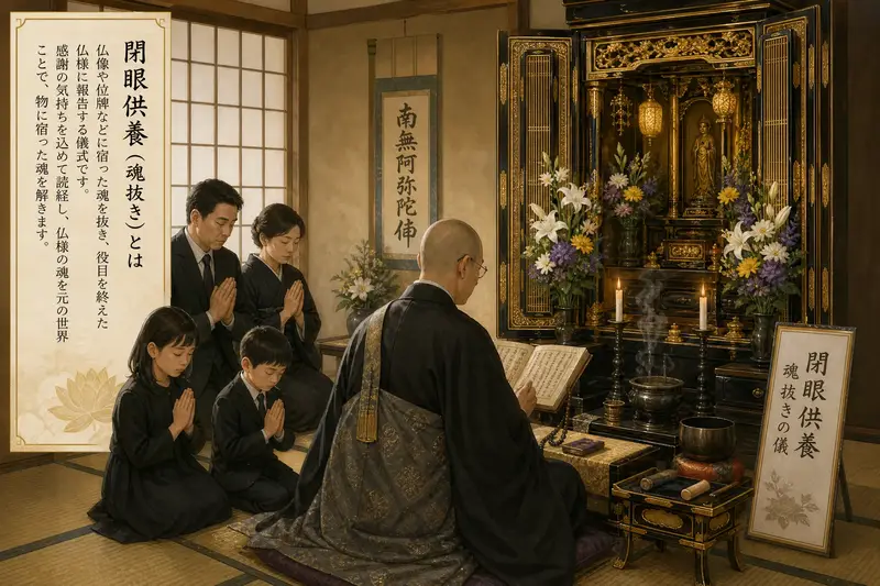 僧侶が仏壇の前で閉眼供養（魂抜き）の読経を行っている様子