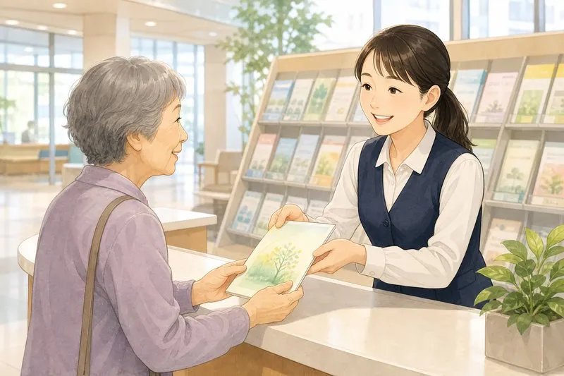 福岡市役所の情報プラザでノートを受け取るイラスト