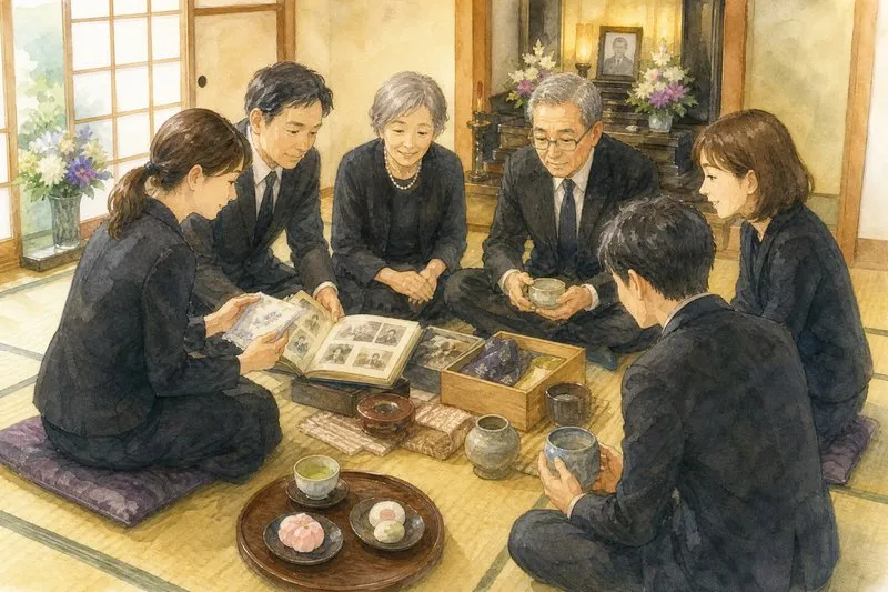四十九日法要で親族が集まり形見分けの相談をしている様子