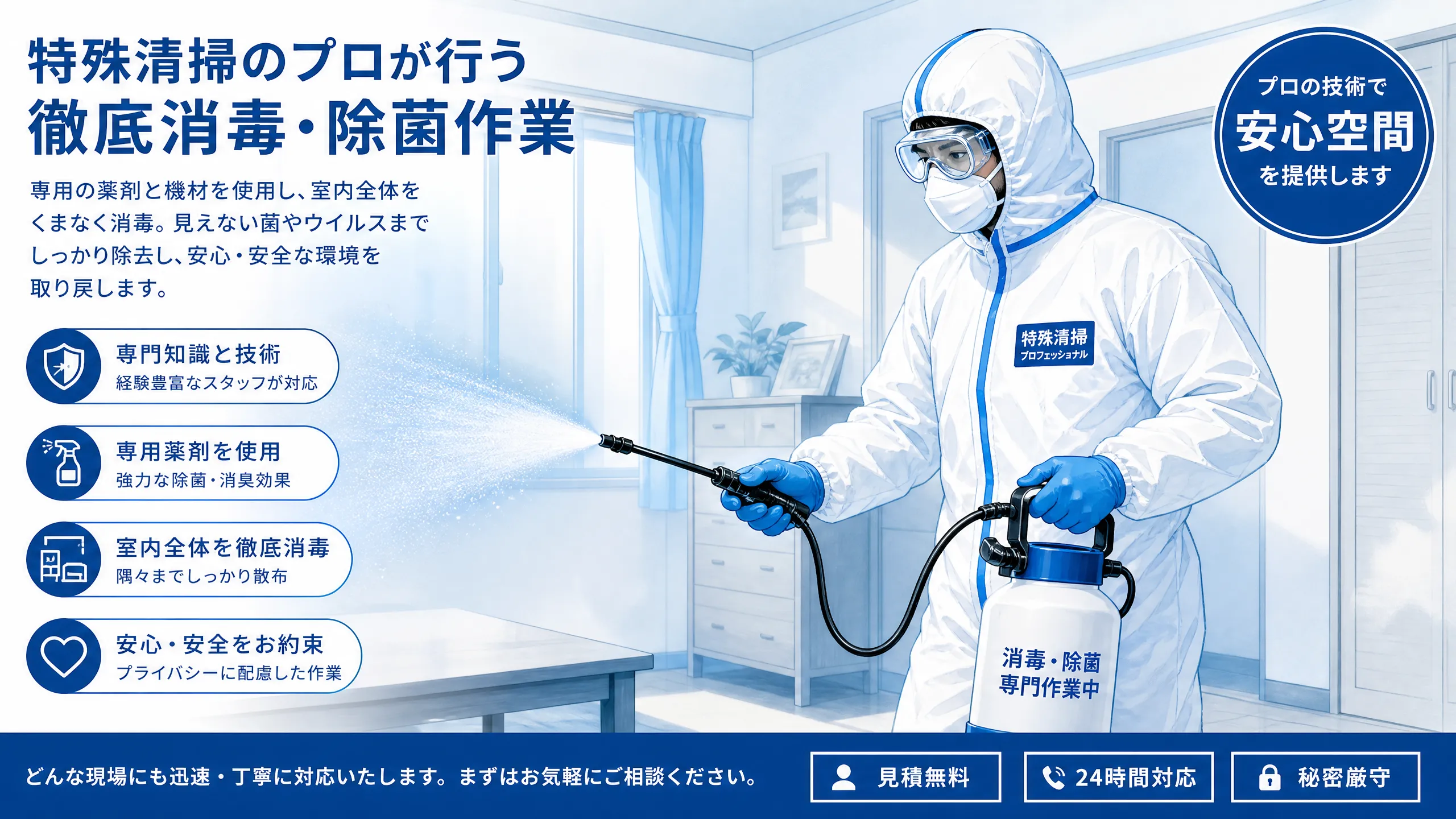 特殊清掃の感染症対策と消毒のイメージ