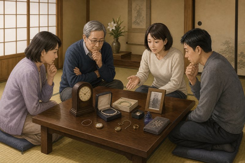 親族が集まって形見分けの話し合いをしている様子