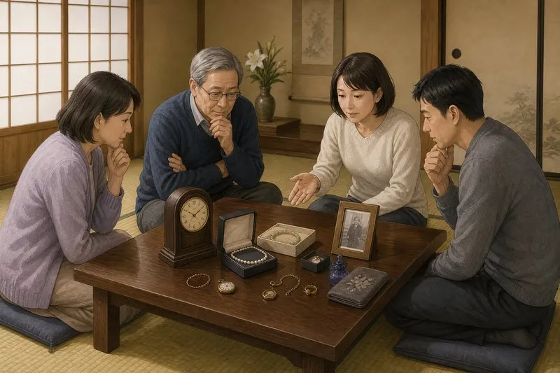 親族が集まって形見分けの話し合いをしている様子