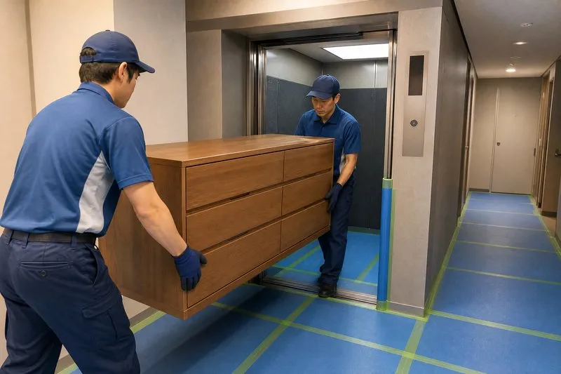 マンションのエレベーターで家具を搬出しているイラスト