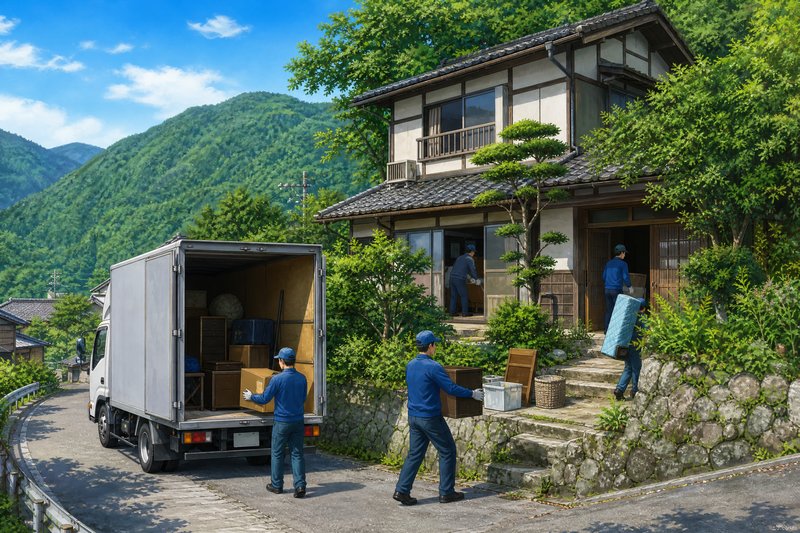 山間部の一戸建てで遺品整理をしているイラスト