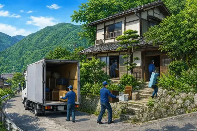 山間部の一戸建てで遺品整理をしているイラスト