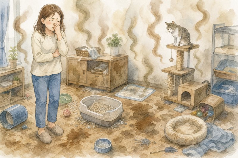 ペットの臭いが染み付いた部屋で困っている住人のイラスト
