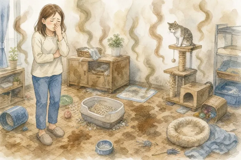 ペットの臭いが染み付いた部屋で困っている住人のイラスト