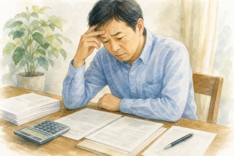 相続税の申告書類と電卓を前に考え込む相続人