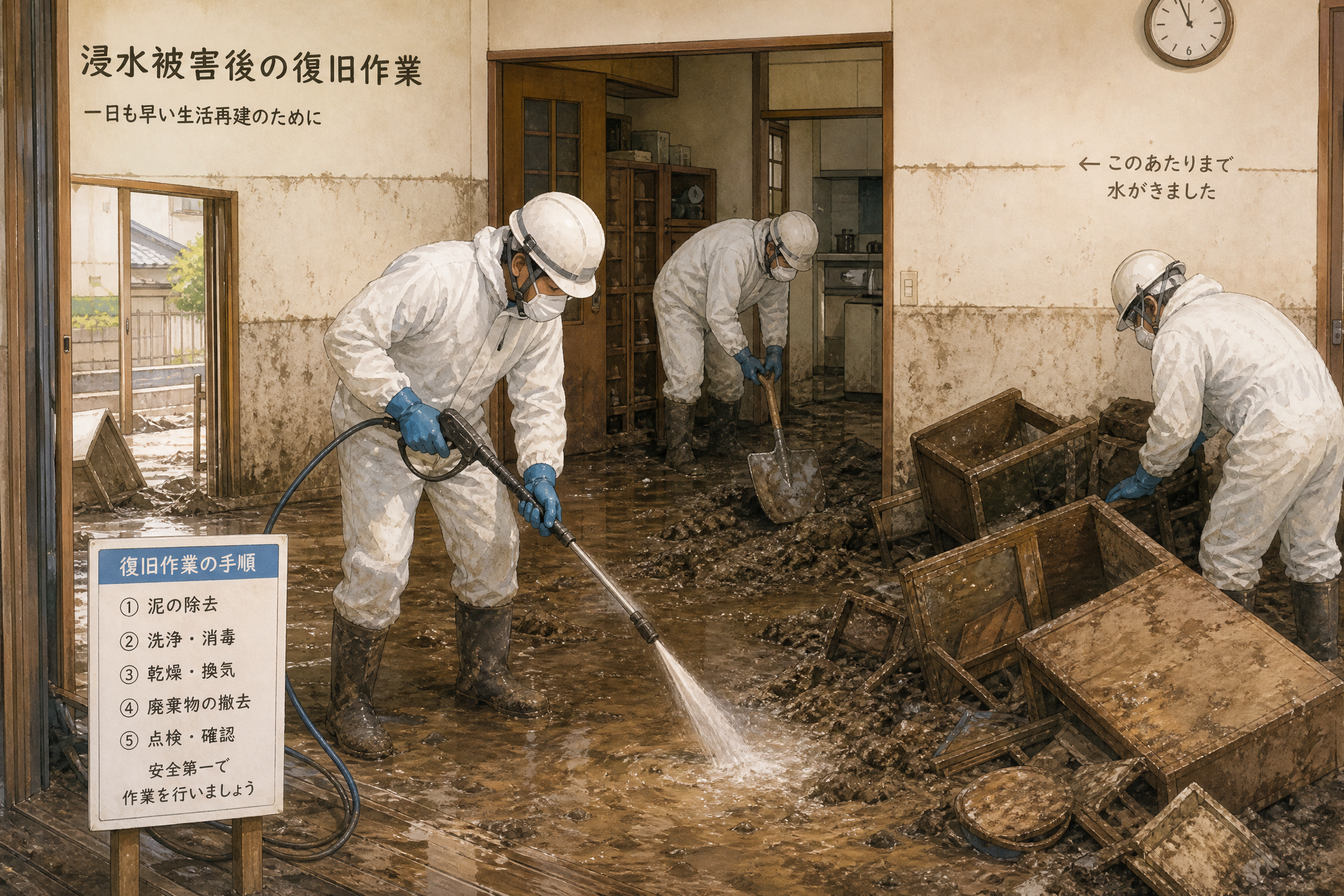 水害後の復旧作業のイメージ