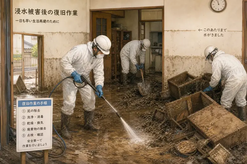 水害・浸水被害後の特殊清掃と復旧の流れ｜費用相場と保険適用の条件